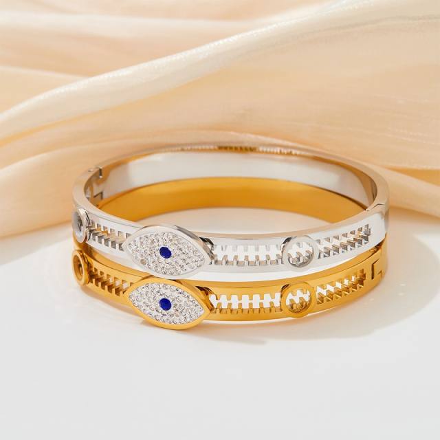 Diamond evil eye stainless steel bangle