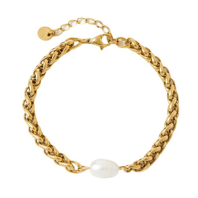 14KG water pearl stainless steel chain bracelet