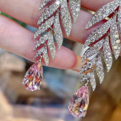 Luxury pave setting diamond pink cubic zircon leaf earrings