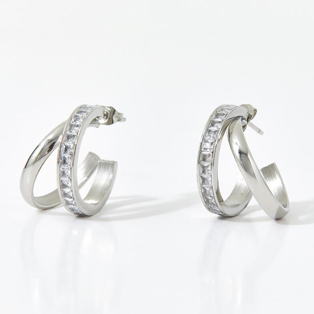 Elegant cubic zircon geometric open hoop stainless steel earrings