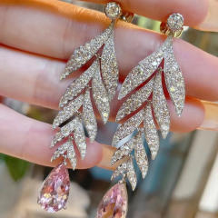 Luxury pave setting diamond pink cubic zircon leaf earrings