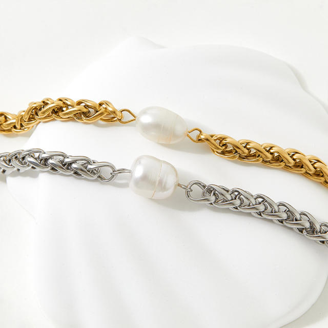 14KG water pearl stainless steel chain bracelet