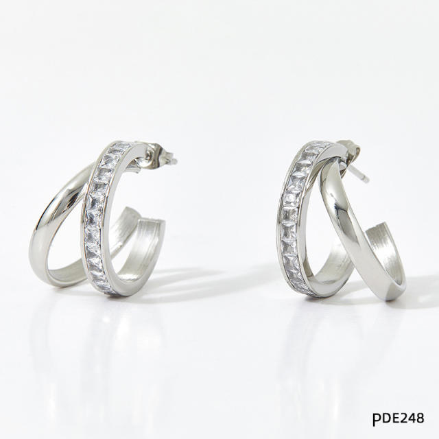 Elegant cubic zircon geometric open hoop stainless steel earrings