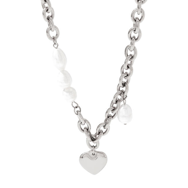 Hot sale water pearl cross heart charm stainless steel necklace