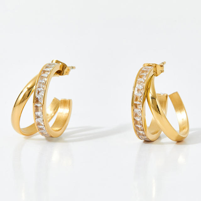 Elegant cubic zircon geometric open hoop stainless steel earrings