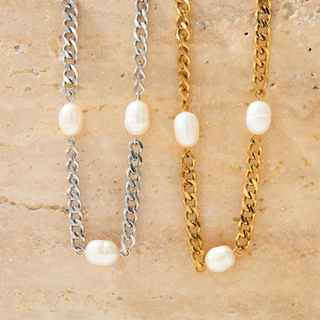 Vintage pearl bead stainless steel chain bracelet
