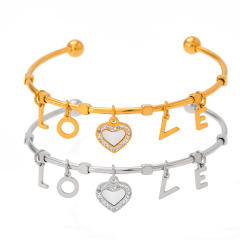 Delicate love letter charm stainless steel cuff bangle
