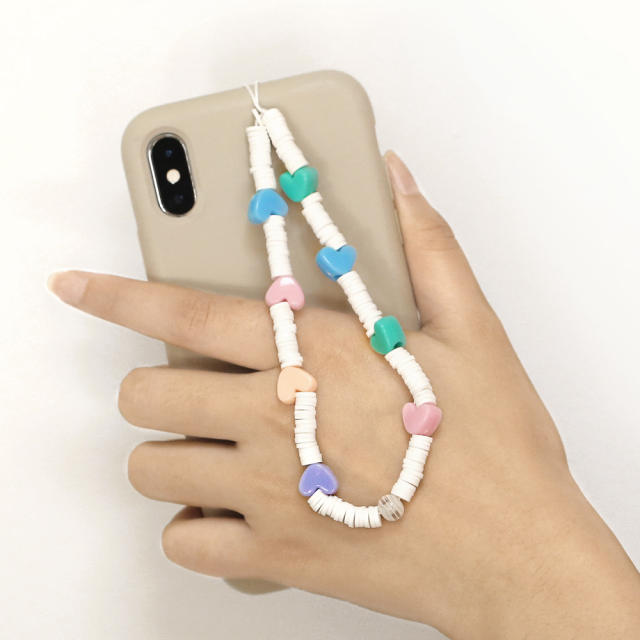 Boho white clay bead colorful heart phone strap