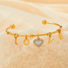 Delicate love letter charm stainless steel cuff bangle