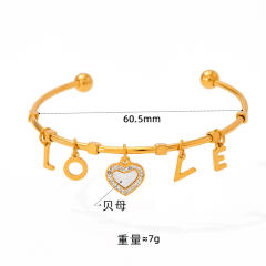Delicate love letter charm stainless steel cuff bangle