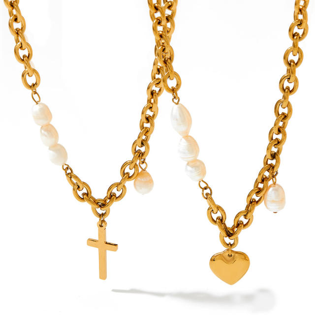 Hot sale water pearl cross heart charm stainless steel necklace