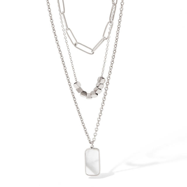 Delicate mother shell geometric pendant three layer stainless steel necklace