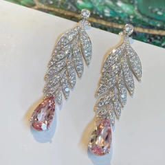 Luxury pave setting diamond pink cubic zircon leaf earrings