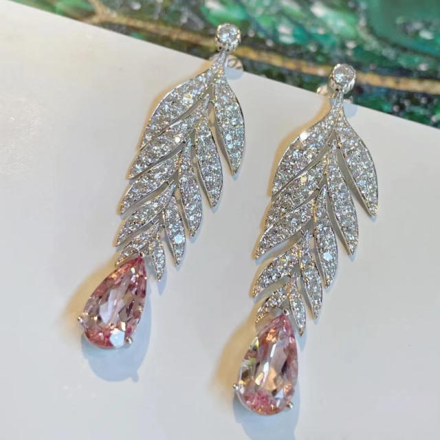 Luxury pave setting diamond pink cubic zircon leaf earrings