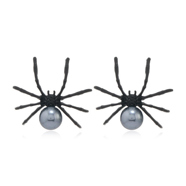 Vintage punk trend black pearl spider studs earrings