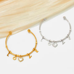Delicate love letter charm stainless steel cuff bangle