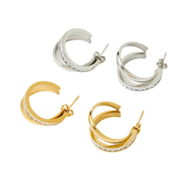 Elegant cubic zircon geometric open hoop stainless steel earrings