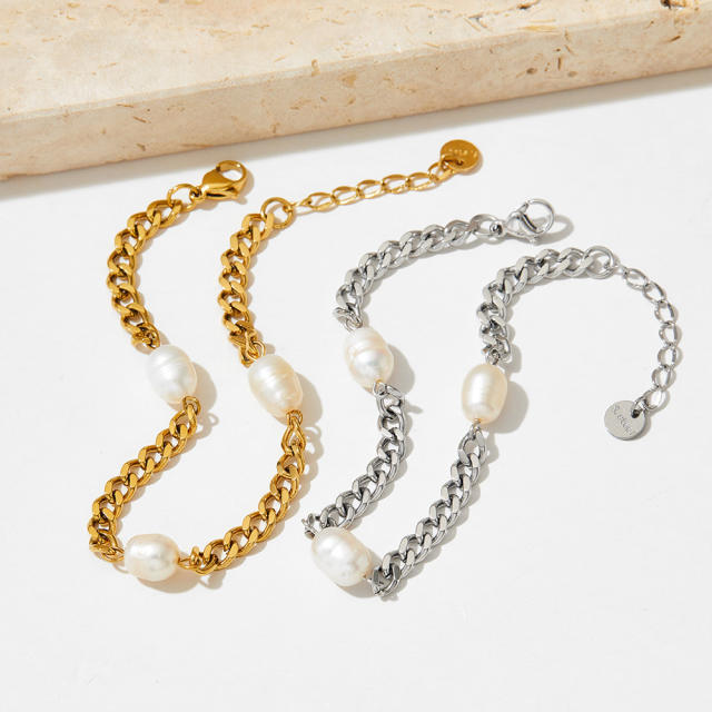 Vintage pearl bead stainless steel chain bracelet