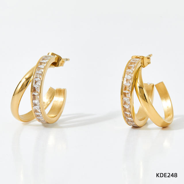 Elegant cubic zircon geometric open hoop stainless steel earrings