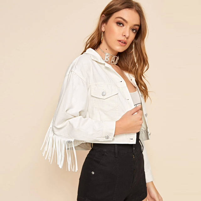 Hot sale white color denim tassle short jacket for women