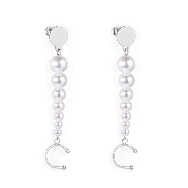 Elegant pearl bead stainless steel dangle earrings