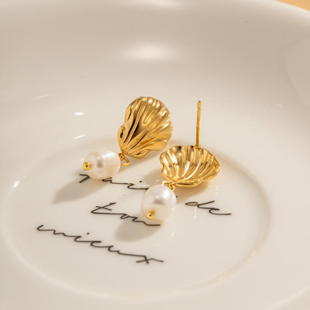 18KG beach trend shell design pearl drop stainless steel earrings