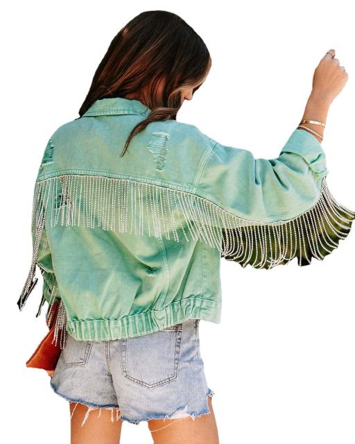 Spring fashion light green color tassel denim jacket for men