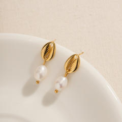 18KG shell pearl drop stainless steel earrings