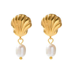 18KG beach trend shell design pearl drop stainless steel earrings