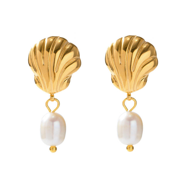 18KG beach trend shell design pearl drop stainless steel earrings
