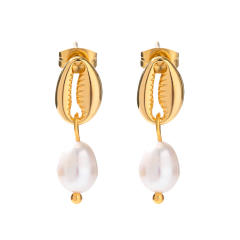 18KG shell pearl drop stainless steel earrings