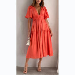 Casual summer design plain color V neck maxi dress