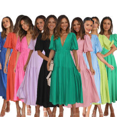Casual summer design plain color V neck maxi dress