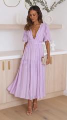 Casual summer design plain color V neck maxi dress