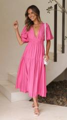 Casual summer design plain color V neck maxi dress