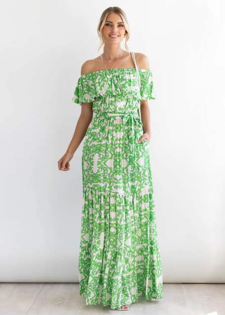 Summer floral pattern off shoulder ruffle beach dress