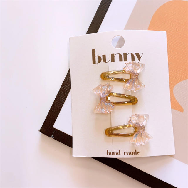 3pcs clear resin bow snap hair clips set for kids