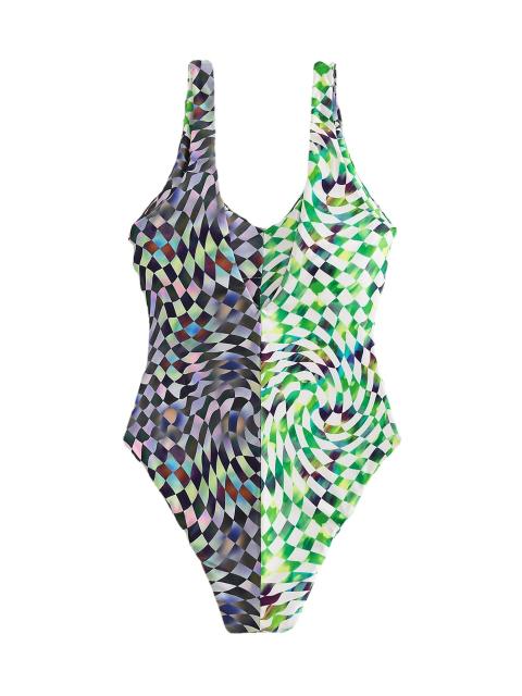 Color checkered one piece swimsuit