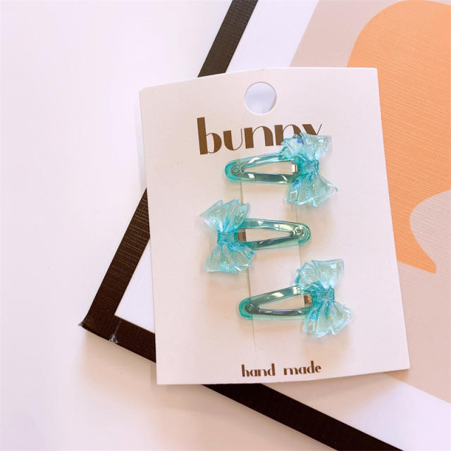 3pcs clear resin bow snap hair clips set for kids