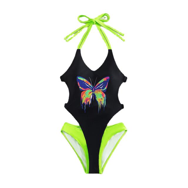 Color matching butterfly one piece swimsuit