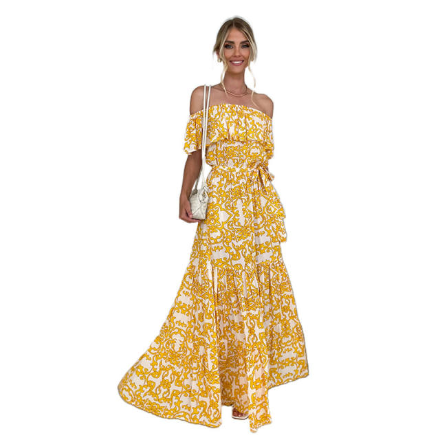 Summer floral pattern off shoulder ruffle beach dress