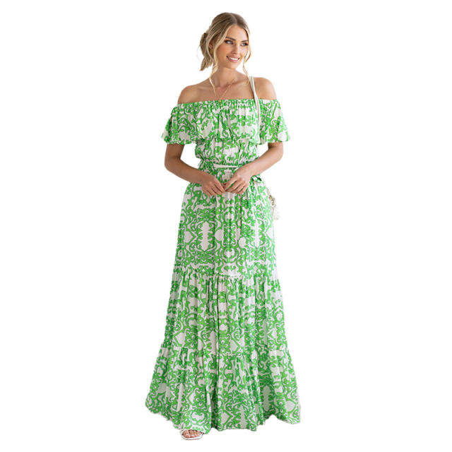 Summer floral pattern off shoulder ruffle beach dress