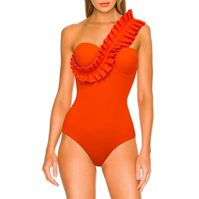 Plain color orange one shoulder one piece swimsuit