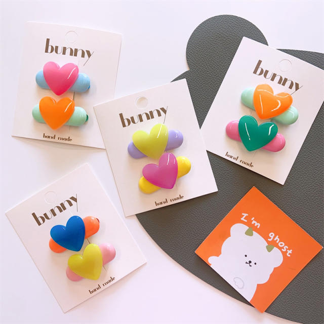 Korean fashion 2pcs candy color resin heart duckbill hair clips set