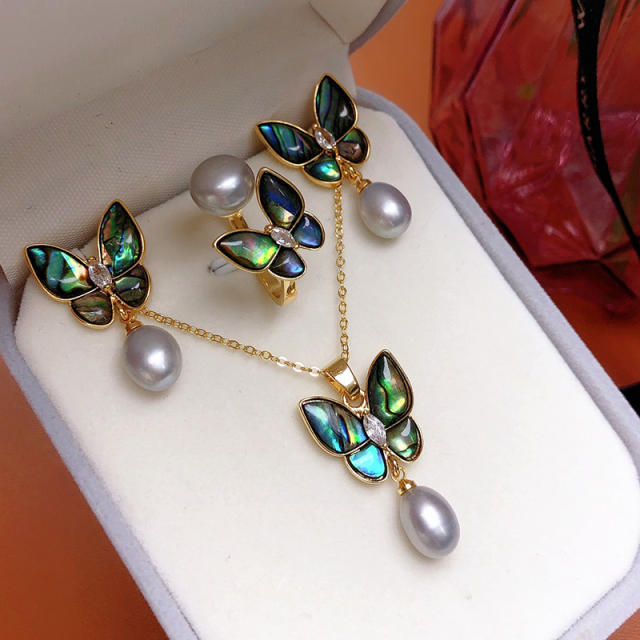 Elegant water pearl drop mother shell butterfly necklace set