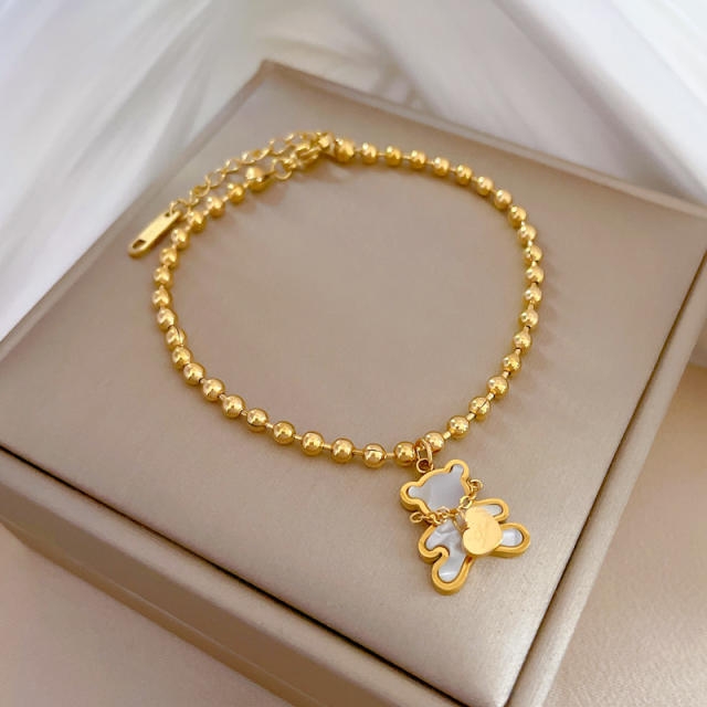 Elegant cute mother shell bear charm stainless steel bead bracelet