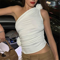 Plain color one shoulder sexy crop tops