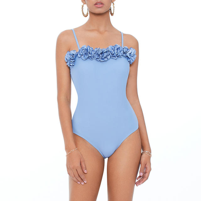 Plain color stereo rose flower one piece swimsuit