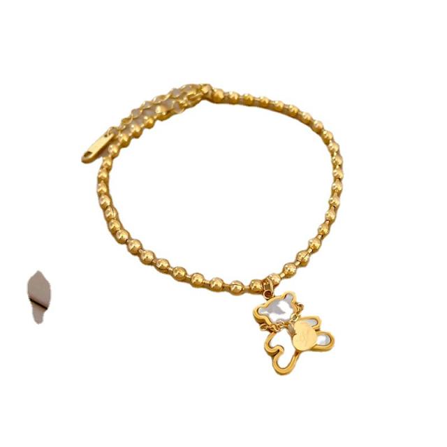Elegant cute mother shell bear charm stainless steel bead bracelet