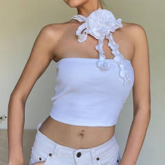 Y2K plain color halter neck crop tops for women